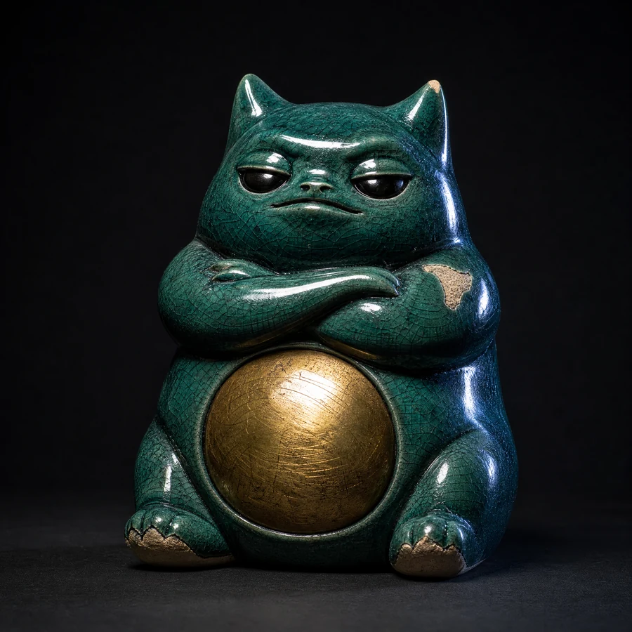 NUB — a matte charcoal creature figure with a glowing acid-green belly, guarding a brass coin